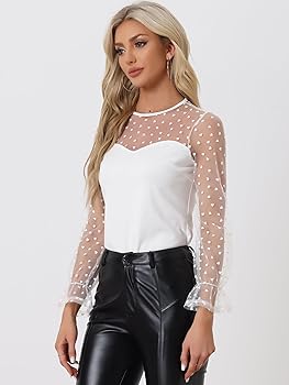 Allegra K Women's Round Neck Heart Dots Sheer Blouse Long